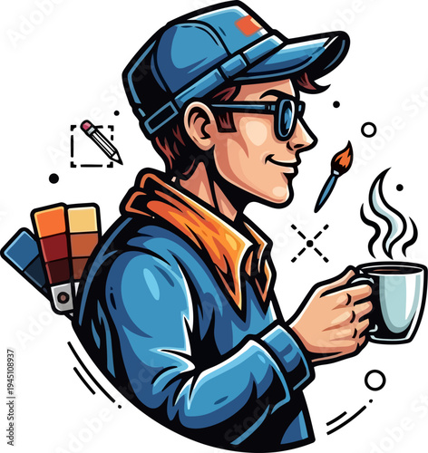 Graphic designer character holding a coffee cup