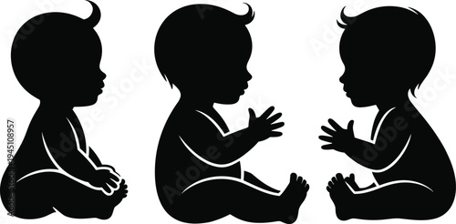 baby sitting silhouette set with cute toddler child poses for parenting, childcare, nursery design and baby themed illustration