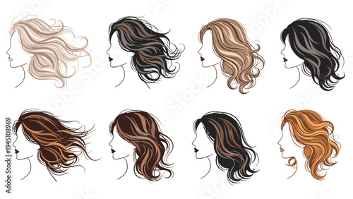 Large set of female profile silhouettes with various hairstyles and hair colors including blonde brown black and auburn on white.