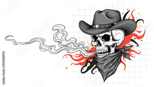 Gritty illustration of a human skull wearing a cowboy hat and bandana with smoke curling from its mouth against red flames on white.