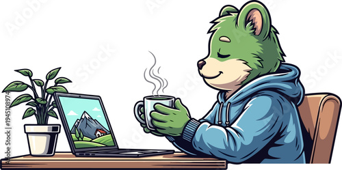 Green bear character working on laptop with coffee