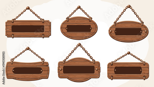 Set of various blank wooden hanging signs suspended by metal chains on a light neutral background for messages or store names.