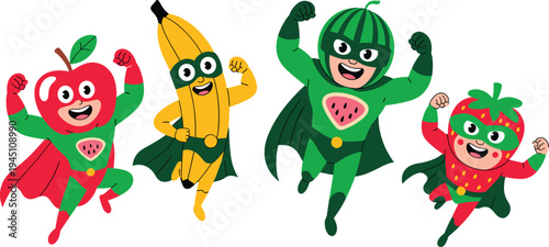 cute fruit superhero characters set with apple, banana, watermelon and strawberry mascots for kids healthy food cartoon illustration