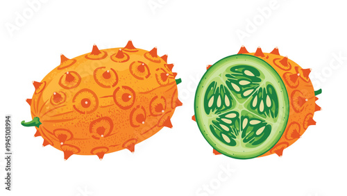 Detailed colorful illustration of a kiwano horned melon featuring the whole spiky fruit and a green cross section with seeds on white.