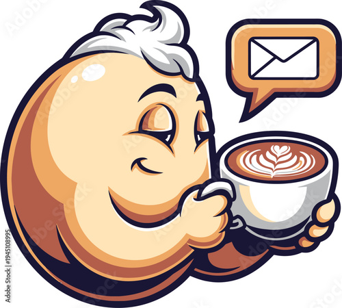 Happy round avatar character sipping latte with email notification