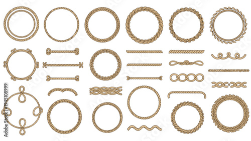 Comprehensive collection of various nautical rope frames borders and dividers in a vintage hand drawn style on white background.
