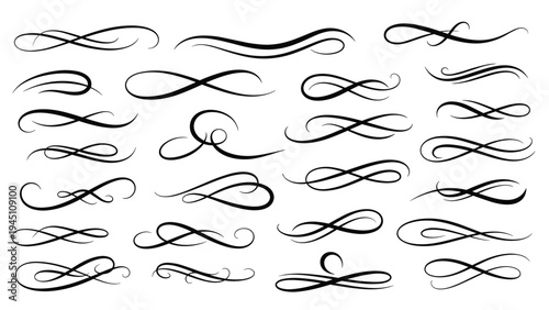 Large collection of decorative calligraphy flourishes and elegant swirl dividers for wedding invitations and vintage page design.