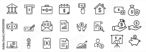 Banking and finance line icon set featuring money and investment symbols for economy savings and more vector illustration or editable stroke