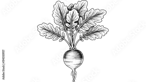 Detailed botanical sketch of a single radish vegetable with large leaves rendered in a classic black and white hand drawn style.