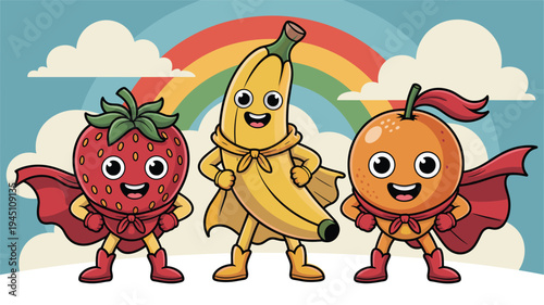 cute fruit superhero characters with strawberry banana and orange standing under rainbow cartoon illustration promoting healthy food for kids