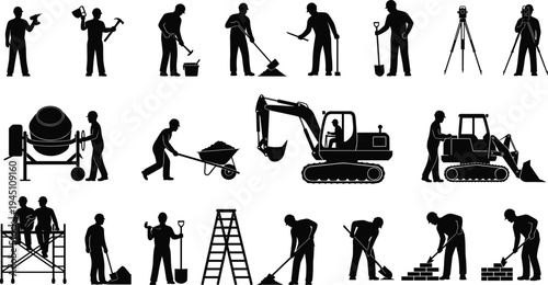 Construction workers and equipment performing various building tasks
