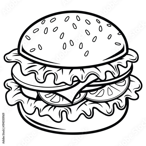 Hamburger line art sketch with sesame seeds - vector food graphic for menus