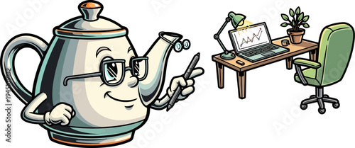 Intellectual teapot character pointing to workstation