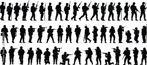 Silhouette Collection of Soldiers with Rifles in Various Poses and Uniforms military army