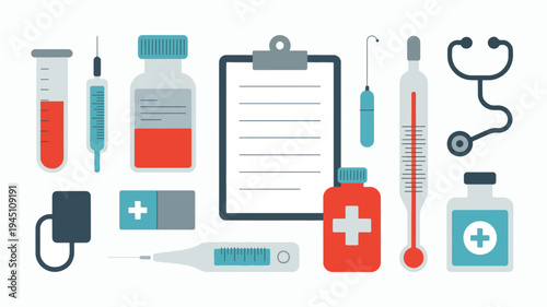 Medical supplies and equipment for healthcare professionals on a clipboard with syringes and pills