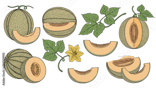 Set of hand drawn cantaloupe melon illustrations featuring whole fruit halved pieces and slices with green leaves and yellow flowers.