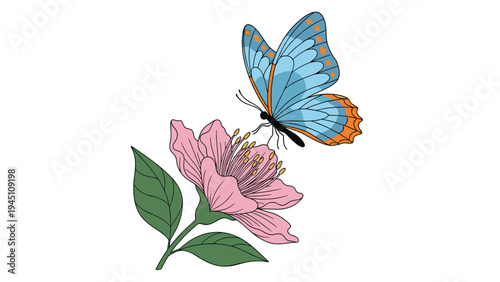 Beautiful colored illustration of a blue butterfly resting on a delicate pink flower with green leaves isolated on white background.