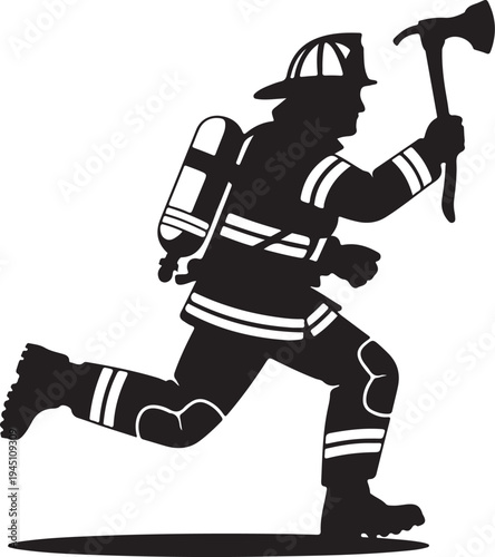 Black silhouette fireman running with axe and oxygen tank
