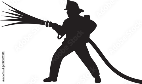 Black silhouette fireman spraying water from hose firefighter