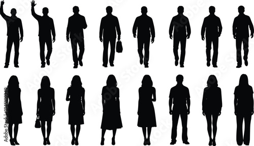 Diverse silhouettes of people in various poses and attire