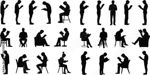 Silhouette People Reading Books Sitting Standing Poses Education Knowledge vector illustration