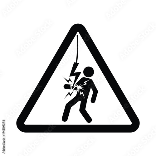 Warning sign indicating danger of electric shock from overhead power line impacting a person figure