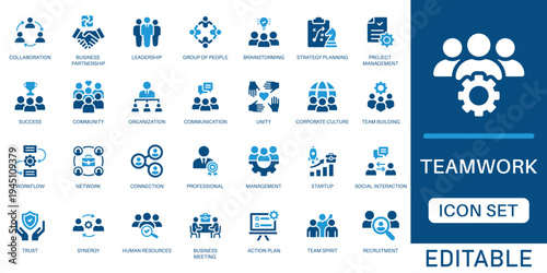 Teamwork icon set . featuring business collaboration, leadership, brainstorming, project management, and corporate partnership elements in blue flat design style.