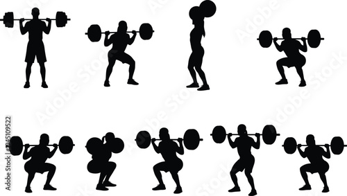 Illustrations of weightlifting poses and techniques for proper barbell exercises