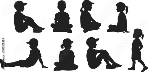 Silhouettes of Children Sitting and Standing in Various Poses on a White Background kids