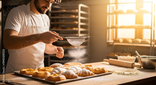 A male baker in a white t-shirt and apron dusting sugar onto a tray of pastries with golden light coming through the window