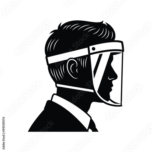 Stylized silhouette of a person wearing a protective face shield and suit isolated on transparent background