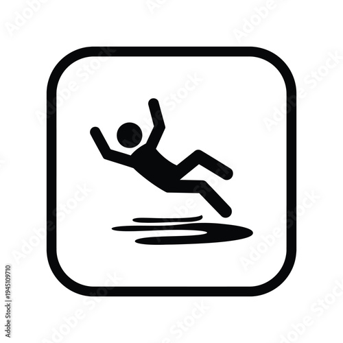 Simple black pictogram of a person falling on a wet slippery surface within a rounded square border