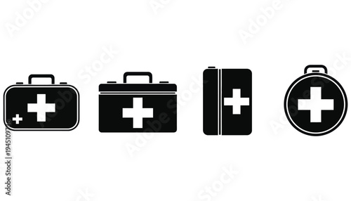 A set of medical first aid kit icons in black and white