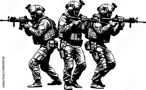 silhouette of three soldiers with a rifle