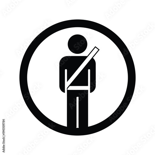 Symbolic representation of a person wearing a seat belt inside a circular warning sign for safety