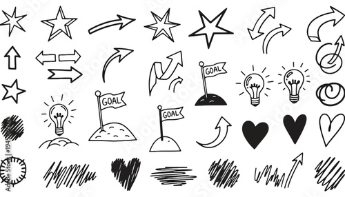 A set of hand drawn icons and symbols for business and motivation