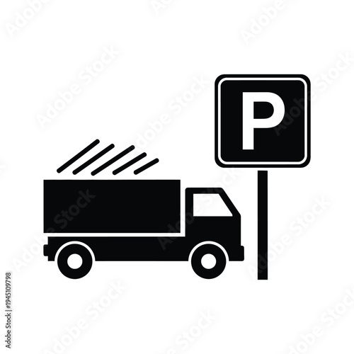 Simple black and white icon graphic representing a truck next to a parking sign with the letter P