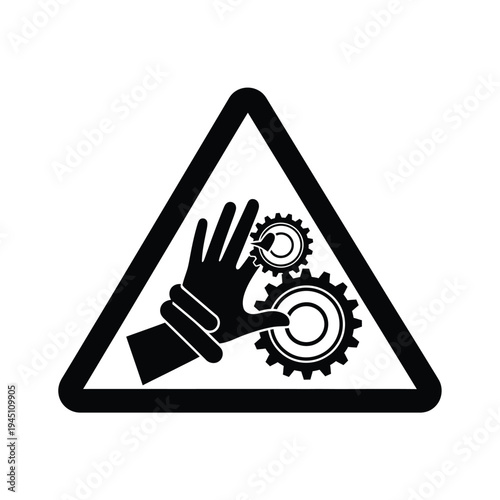 Industrial hazard warning symbol showing a hand caught between rotating gears inside a triangle