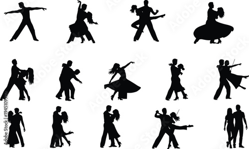 Elegant silhouettes of ballroom dance moves in various styles and poses