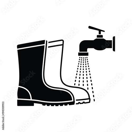 Icon depicting two tall boots being cleaned under a running water tap illustration