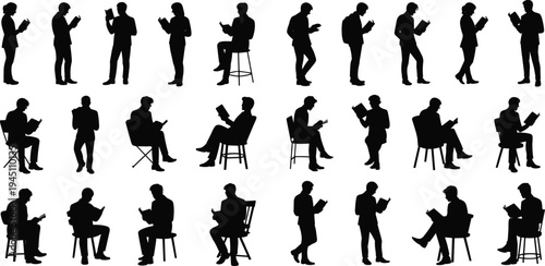Silhouettes of people reading books in various standing and sitting positions person