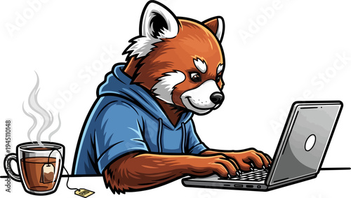 Red panda programmer wearing hoodie using laptop at desk