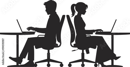 Silhouettes of a man and woman working on laptops at desks vector illustration