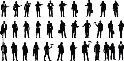 Diverse silhouettes of professionals engaged in various activities and holding different objects