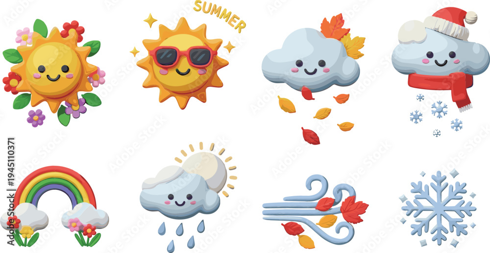 Obraz premium Cute Seasonal Weather Cartoon Icons Collection with Sun, Rainbow, Rain Cloud, Snowflake, Autumn Leaves, Winter Cloud and Wind Kawaii Vector Illustration Set