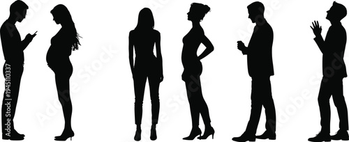 Silhouettes of six people including a pregnant woman and a man on a phone on white background vector