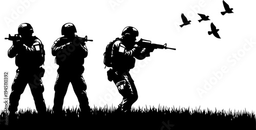 Silhouette Illustration of Three Armed Soldiers Military Team Black and White Graphic