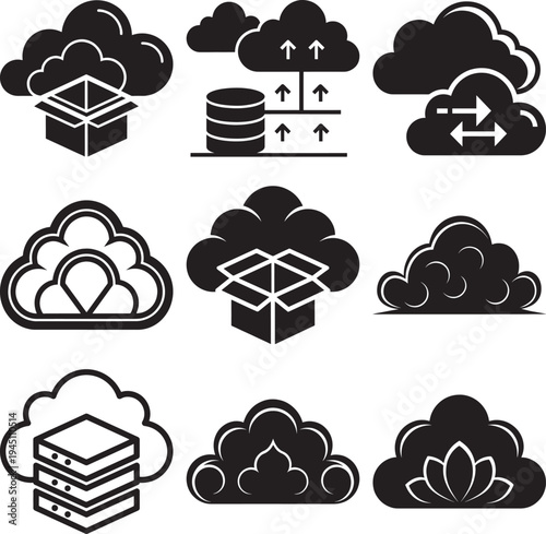 Black and white cloud with various technology symbols inside msea set