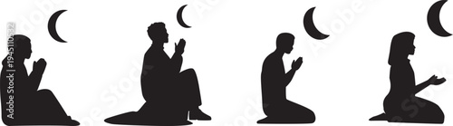 A collection of silhouettes of people praying under the crescent moon during Ramadan, isolated on a transparent white background.