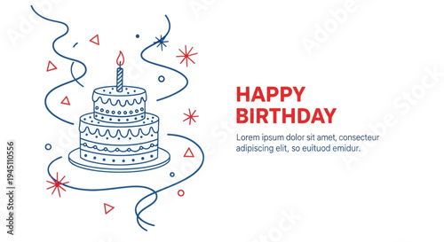 A minimalist vector illustration of a birthday cake with candle and decorations on a white background with happy birthday text